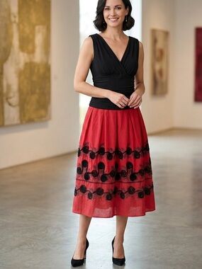 S.L. Fashions Embroidered Rose Floral V-Neck Midi Cocktail Dress 14